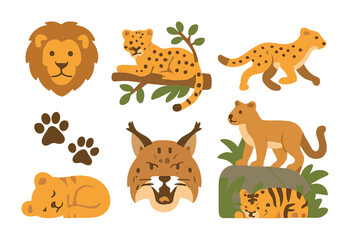Obraz premium Wild Cats Icons. Flat vector mini-illustrations majestic wild cats in colors children's illustrations: lion's