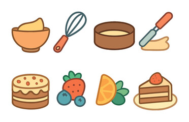 Children's Dessert Icons. Flat vector mini-illustrations traditional family dessert making in colors