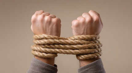 Two hands are tightly bound with thick rope, symbolizing restraint and sensitive content