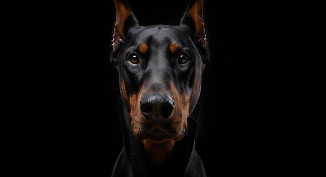 Intense Doberman Pinscher portrait, powerful guard dog gaze, professional studio shot, majestic animal presence, loyal protector.