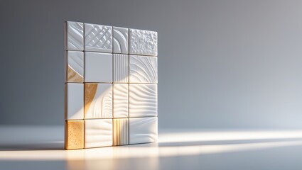 Obraz premium A tile arrangement with textured and patterned tiles, illuminated by natural light, creating a modern and elegant aesthetic.