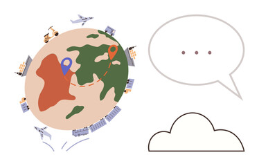 Earth with location pins, transport icons thumbs up planes and trucks, speech bubble, cloud shape. Ideal for delivery, travel, global communication, logistics, messaging collaboration simple flat