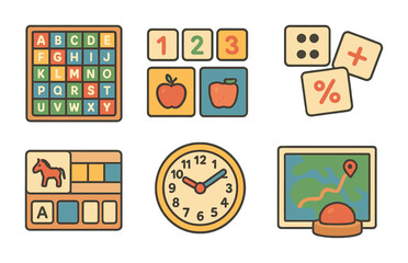 Educational Board Game Icons. Flat vector mini-illustrations educational board games in colors children's