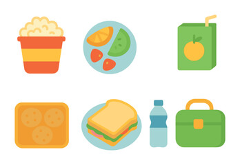 Kids' Snack Icons. Flat vector mini-illustrations snack time during games in colors children's illustrations: