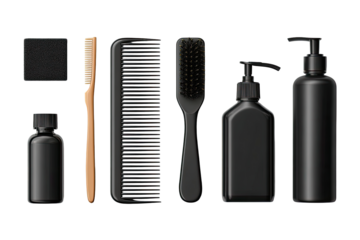 Assorted black and light-brown grooming tools and products, arranged horizontally