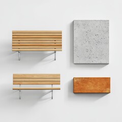 Modern wooden park benches and concrete and brick blocks arranged on a white background, top view