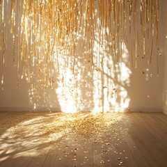 Golden glitter confetti falling in a sunlit room, creating a festive and celebratory atmosphere with dancing shadows