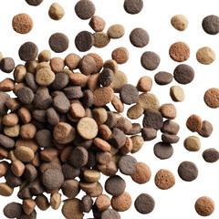 Aerial view of assorted brown pet food pellets scattered on a transparent background