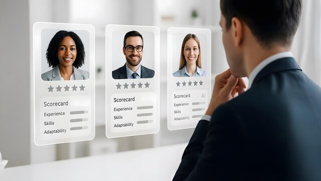 Businessperson Reviewing Floating AI-Powered Candidate Evaluation Panels