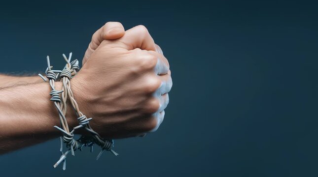 Hands Bound with Barbed Wire Symbolizing Restriction, Struggle, and Oppression, Highlighting Pain and Fight for Freedom