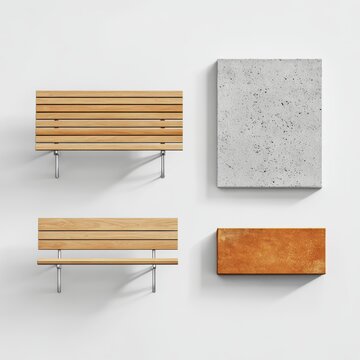 Modern wooden park benches and concrete and brick blocks arranged on a white background, top view