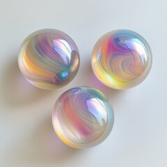 Three iridescent glass spheres with colorful swirling patterns, isolated on white background