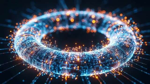 A vibrant glowing toroidal shape composed of interconnected particles and luminous trails set against a dark background representing digital innovation and technology concepts