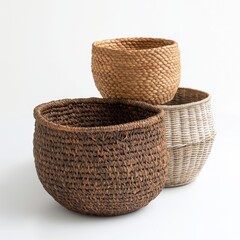 Three assorted woven natural material baskets stacked together, showcasing different textures and colors against a plain background