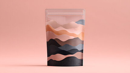 Modern pouch with layered abstract landscape design in muted earth tones packaging mountains