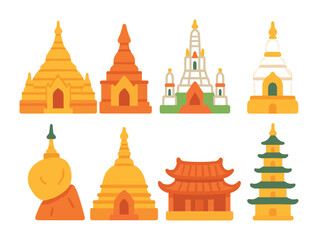 Obraz premium Colorful Pagoda Icons. Flat vector mini-illustrations famous Buddhist pagodas in colors children's