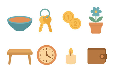 Decorative Key Bowl Display. Flat vector mini-illustrations adding a decorative bowl for keys and change in