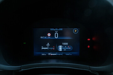 Vehicle display panel showing car speed at 0 km/h engine RPM at 1000 and distance at 16667 km Car...