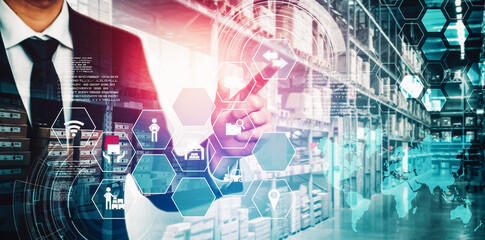 Smart warehouse management system with innovative internet of things technology to identify package picking and delivery . Future concept of supply chain and logistic network business .