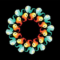 Fantasy vector illustration of whimsical creatures called Belolders with glowing eyes and vibrant fiery and icy colors. The elements are arranged in a perfect circular frame on a black background.