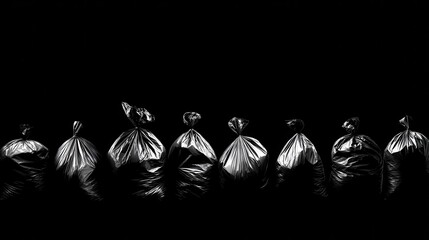 Silhouetted garbage bags in dramatic black white artistic composition
