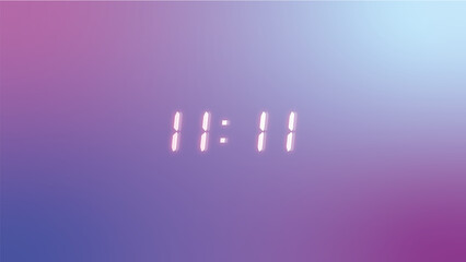 11: 11 , Eleven eleven, Pink and purple blurry background with glowing neon digital clock showing eleven eleven as a lucky time countdown

