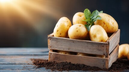 Fresh potatoes in rustic wooden crate sunlight