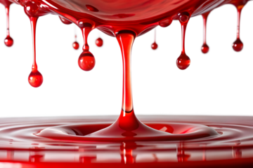 Red liquid dripping and splashing in slow motion, isolated on transparent background