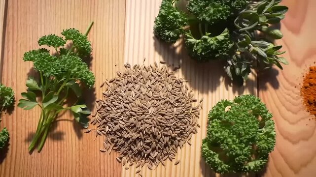 Cumin seeds with parsley, and wooden background.