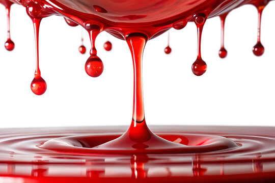 Red liquid dripping and splashing in slow motion, isolated on transparent background
