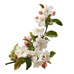 Obraz premium Apple blossom branch with flower on corner border, blossom branch isolated on white background.