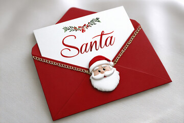 A vibrant red envelope addressed to Santa rests against a light backdrop, accented with a charming Santa Claus pendant