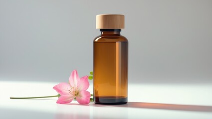 Amber medicine bottle with pink flower and green leaves. Medical and pharmacy concept. Health and wellness. The concept of medication and healthcare remedies.