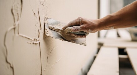 Close-up of a hand using a trowel to apply smooth plaster on a wall, illustrating construction work. The focus is on the tool and hand, with plaster texture visible