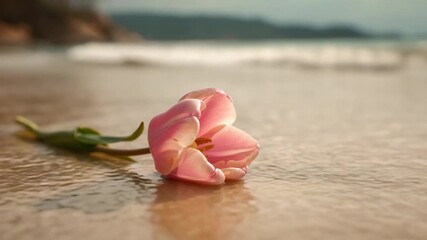 Soft pink tulip resting on golden sand beach with tranquil ocean water and natural light in background