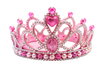 Adorable pink princess tiara crown with heartshaped gems, isolated on transparent background, ideal for a birthday party or a fairytale wedding