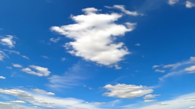 Bright blue sky filled with white cumulus clouds some thin and wispy others larger and rounded