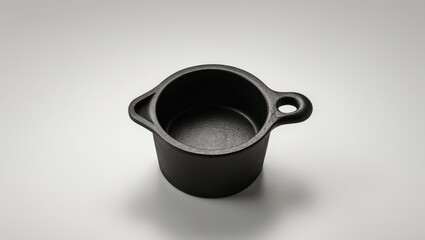 Small black cast iron pot or pan with a handle on plain background