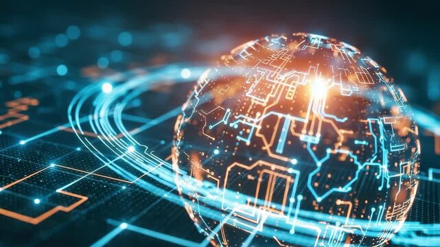 A futuristic digital globe surrounded by glowing lines and circuits representing global connectivity and technology set against a dark background with abstract patterns