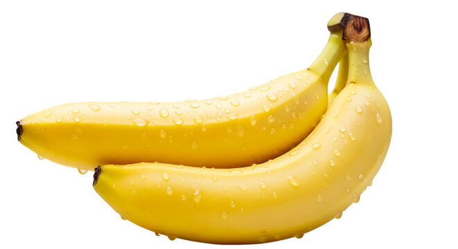 Two fresh bananas with water droplets isolated on transparent background