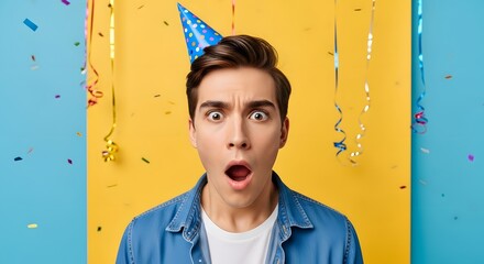 Young man with shocked expression and party hat surrounded by festive confetti and streamers, celebrating a surprise event with wide eyes and open mouth