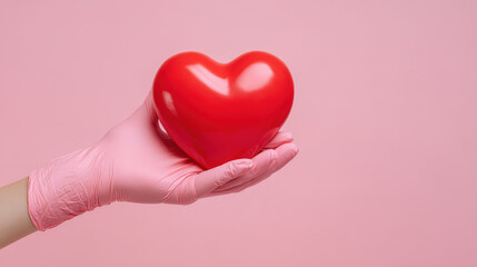 Hand in pink glove gently holds shiny red heart against soft pink background conveying sensitive content