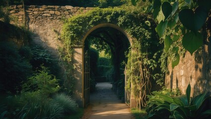 Ancient stone archway surrounded by lush greenery, leading into a serene garden path. Nature and architecture blend harmoniously in this tranquil scene.