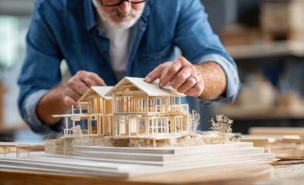 A male architect is building an architectural model of his design, which includes the house with its surroundings Generative AI - Powered by Adobe