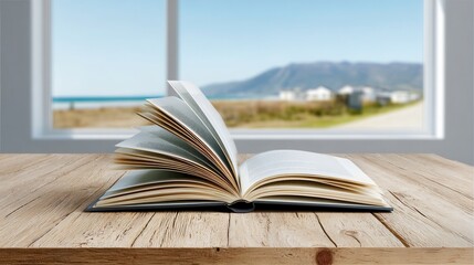 Open book in of beach view window