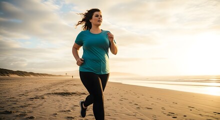 Confident plus-size woman enjoys a refreshing run along a serene beach at sunset, embracing her healthy lifestyle journey with determination and joy
