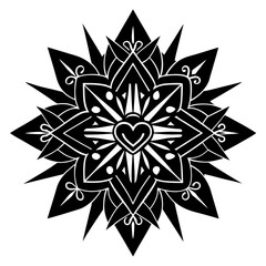 Black and white mandala design with floral and geometric patterns, symmetrical vector illustration, perfect for tattoos or decorative art