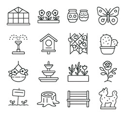 Garden icons: greenhouse, birdhouse, butterfly, sprinkler, cactus, rose, bench, fountain