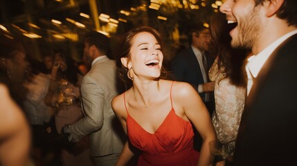 A woman in a red dress laughs with friends at a party, enjoying the moment.