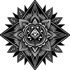 Black and white mandala design with floral and geometric patterns, symmetrical vector illustration, perfect for tattoos or decorative art